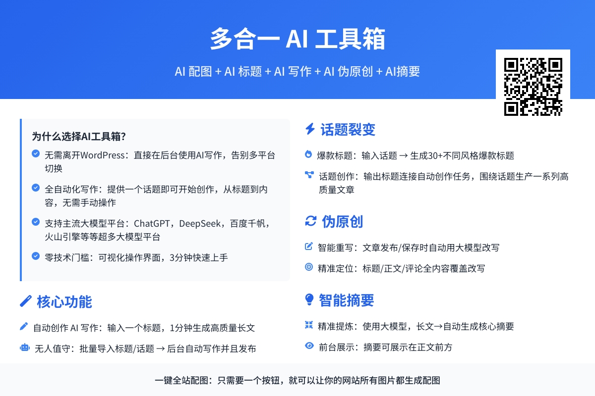AI工具箱插件:WordPress站长必备!AI写作+伪原创+摘要+AI配图